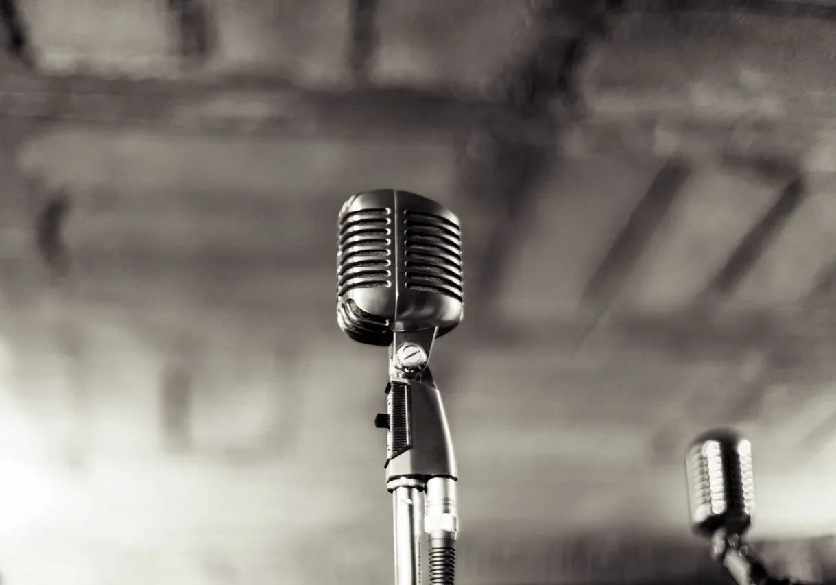 A microphone is on the stand in front of a wall.
